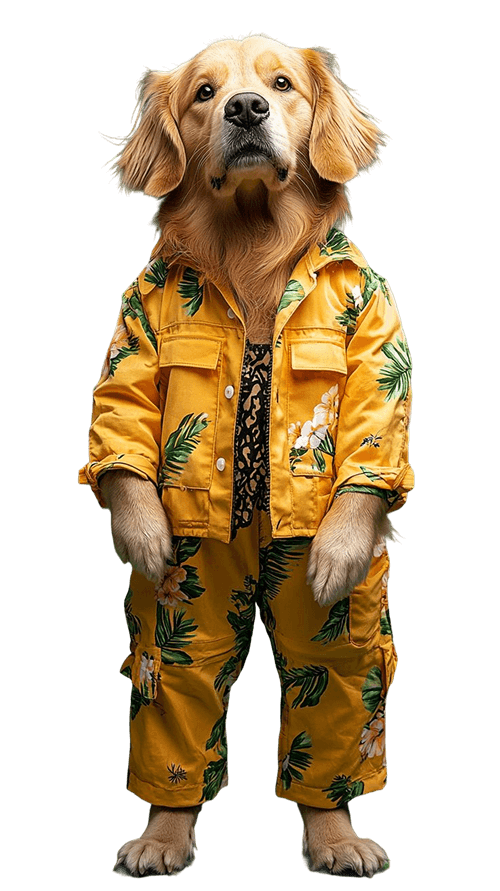 Golden retriever dog in yellow outfit